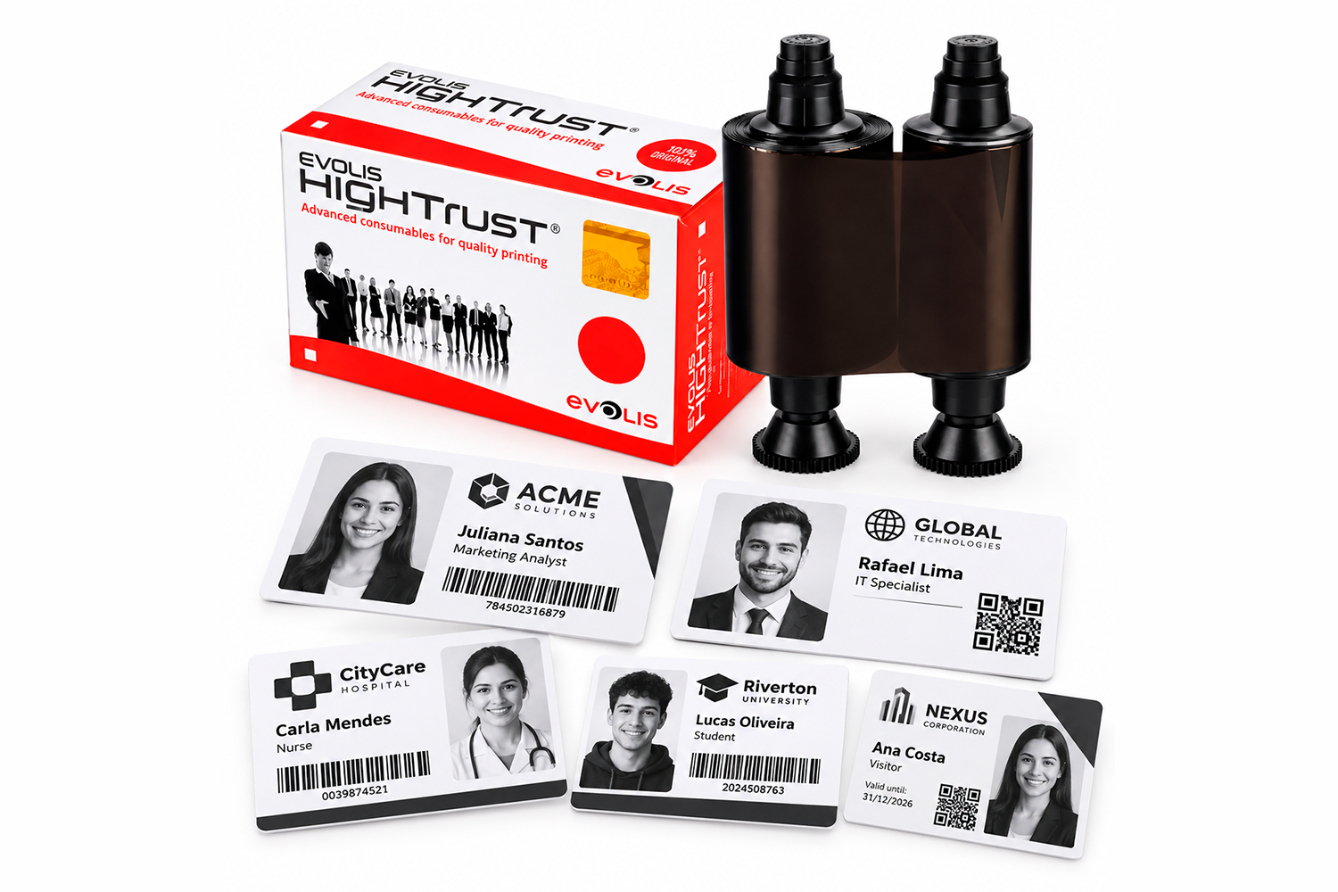 Ribbon Evolis R2011 preto com crachás e cartões PVC personalizados