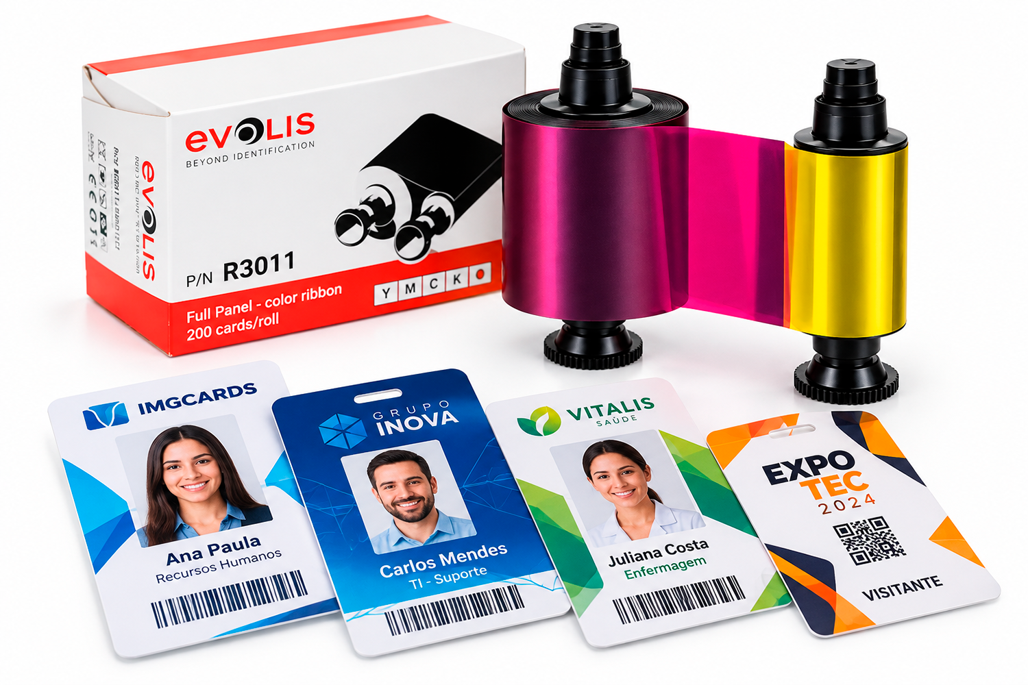 Ribbon Evolis R3011 com crachás coloridos impressos em PVC
