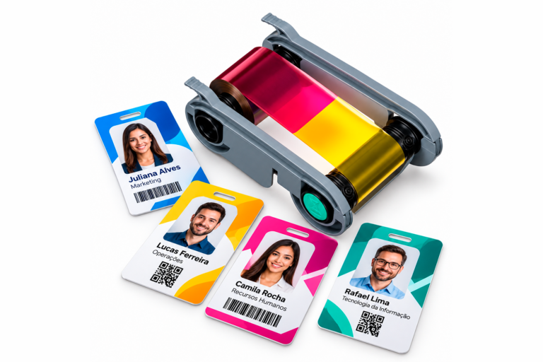 Ribbon Evolis R5F208A102 com crachás coloridos impressos em PVC.