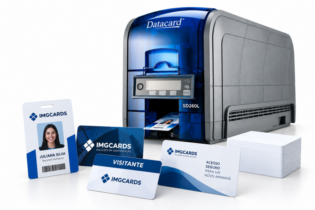 Impressora Datacard SD260 com crachás e cartões PVC personalizados