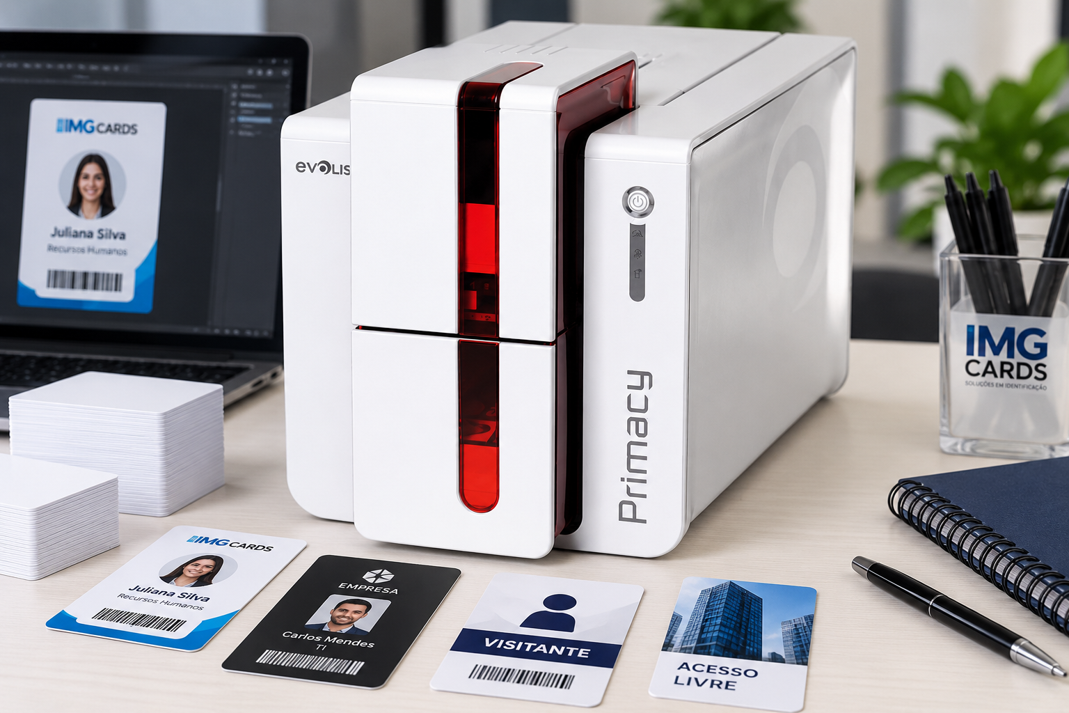 Impressora Evolis Primacy com crachás e cartões PVC personalizados