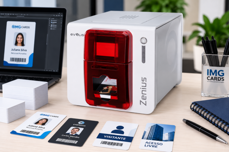 Impressora Evolis Zenius com crachás e cartões PVC personalizados