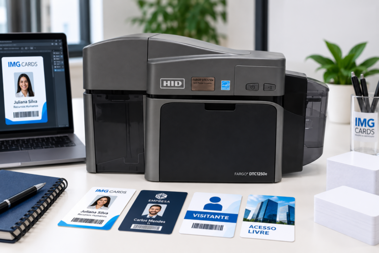 Impressora Fargo DTC1250e com crachás e cartões PVC personalizados