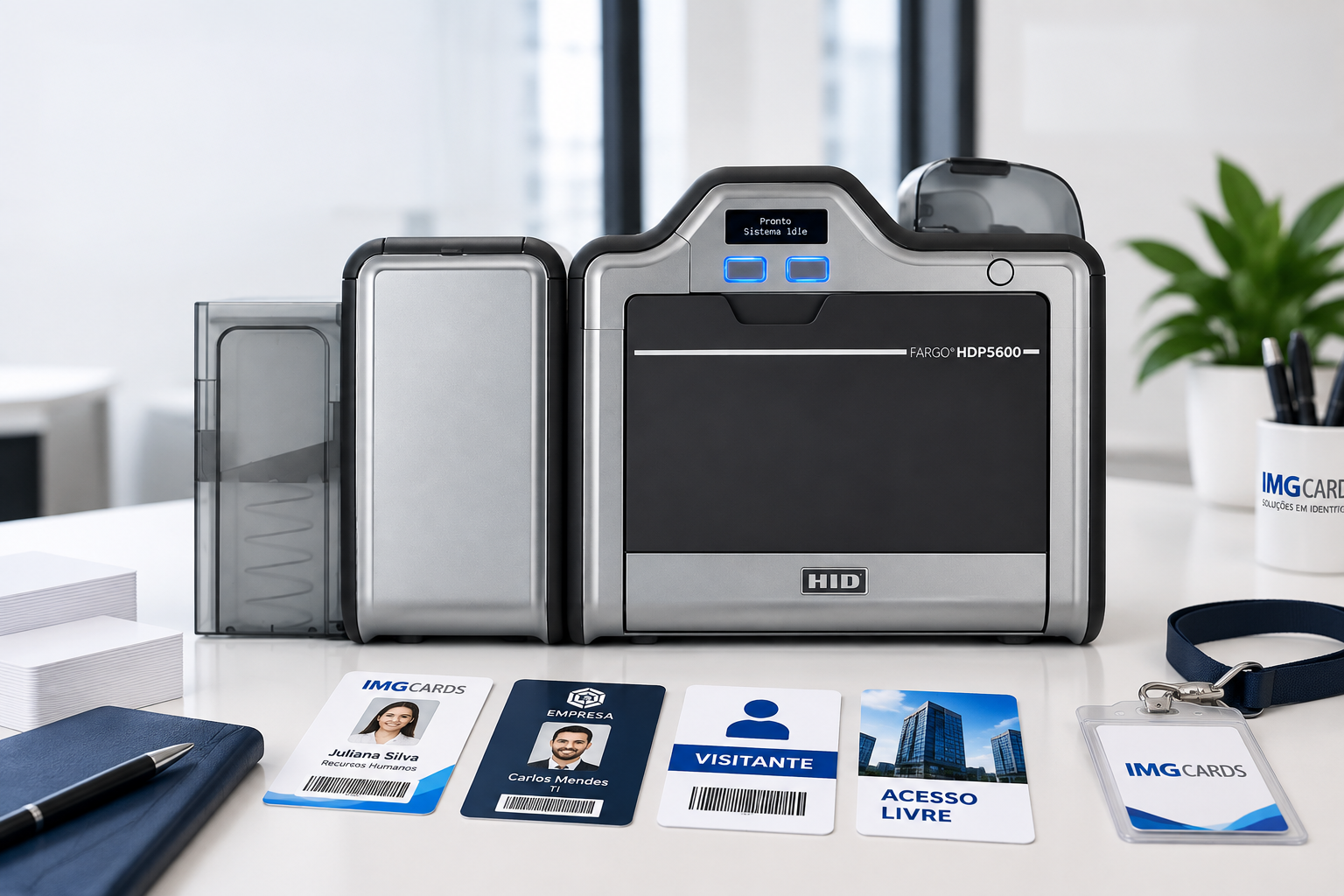 Impressora Fargo HDP5600 com crachás e cartões PVC personalizados