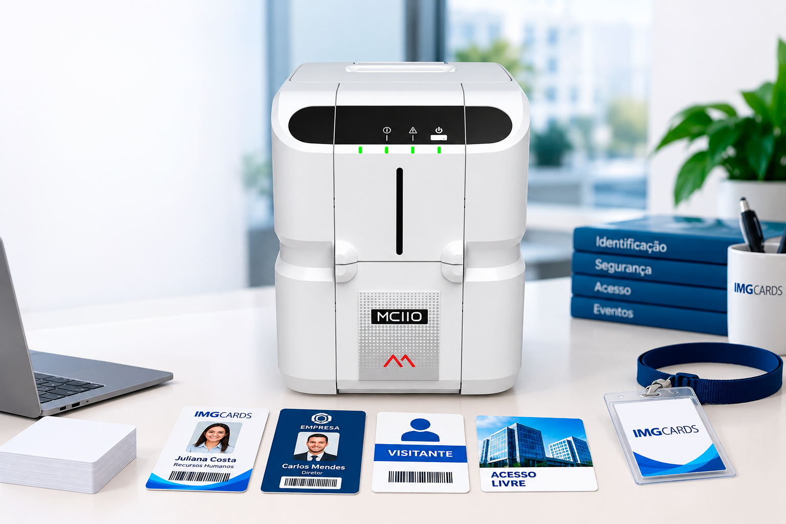 Impressora MC110 com crachás e cartões PVC personalizados
