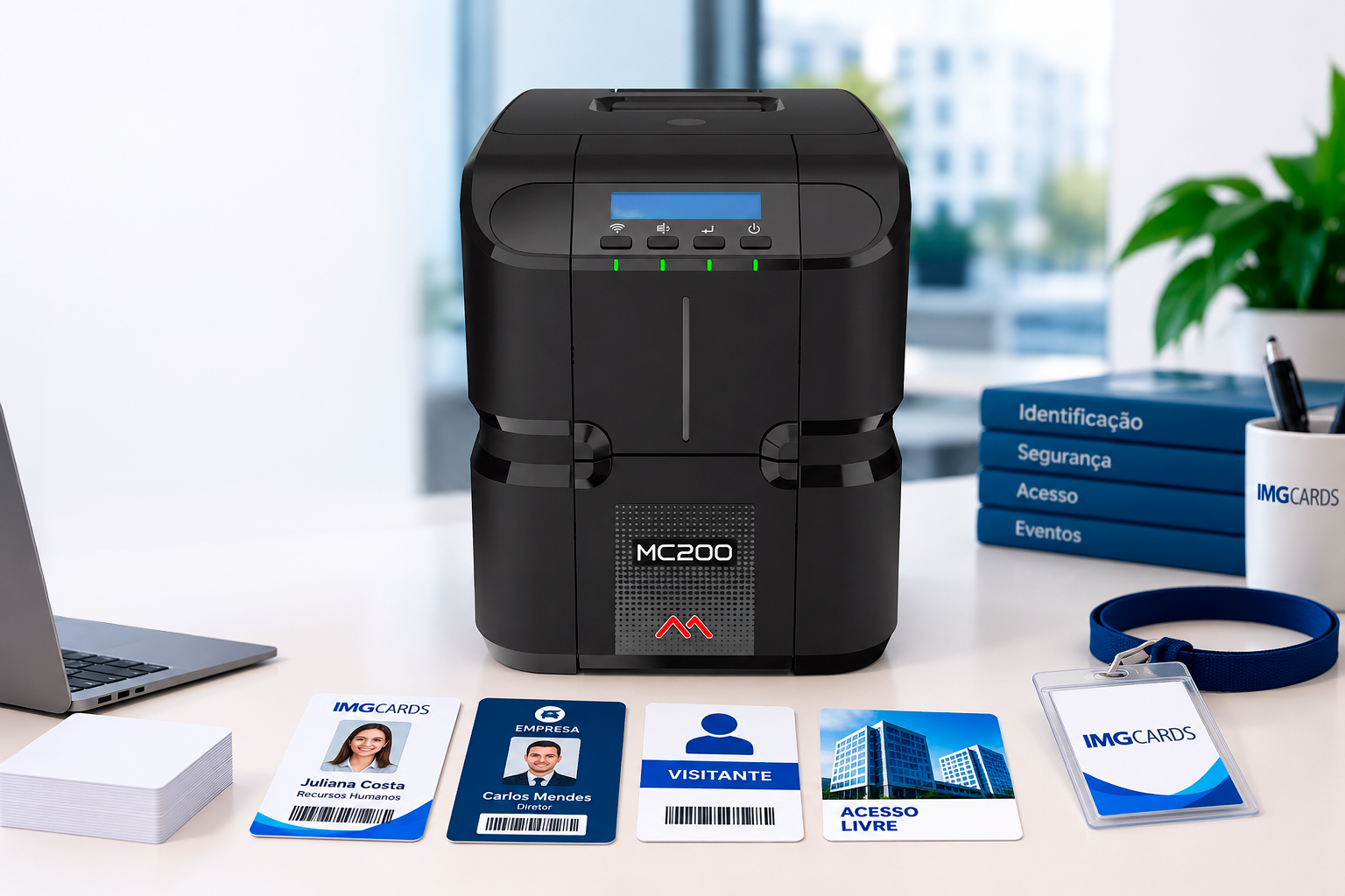 Impressora MC200 com crachás e cartões PVC personalizados