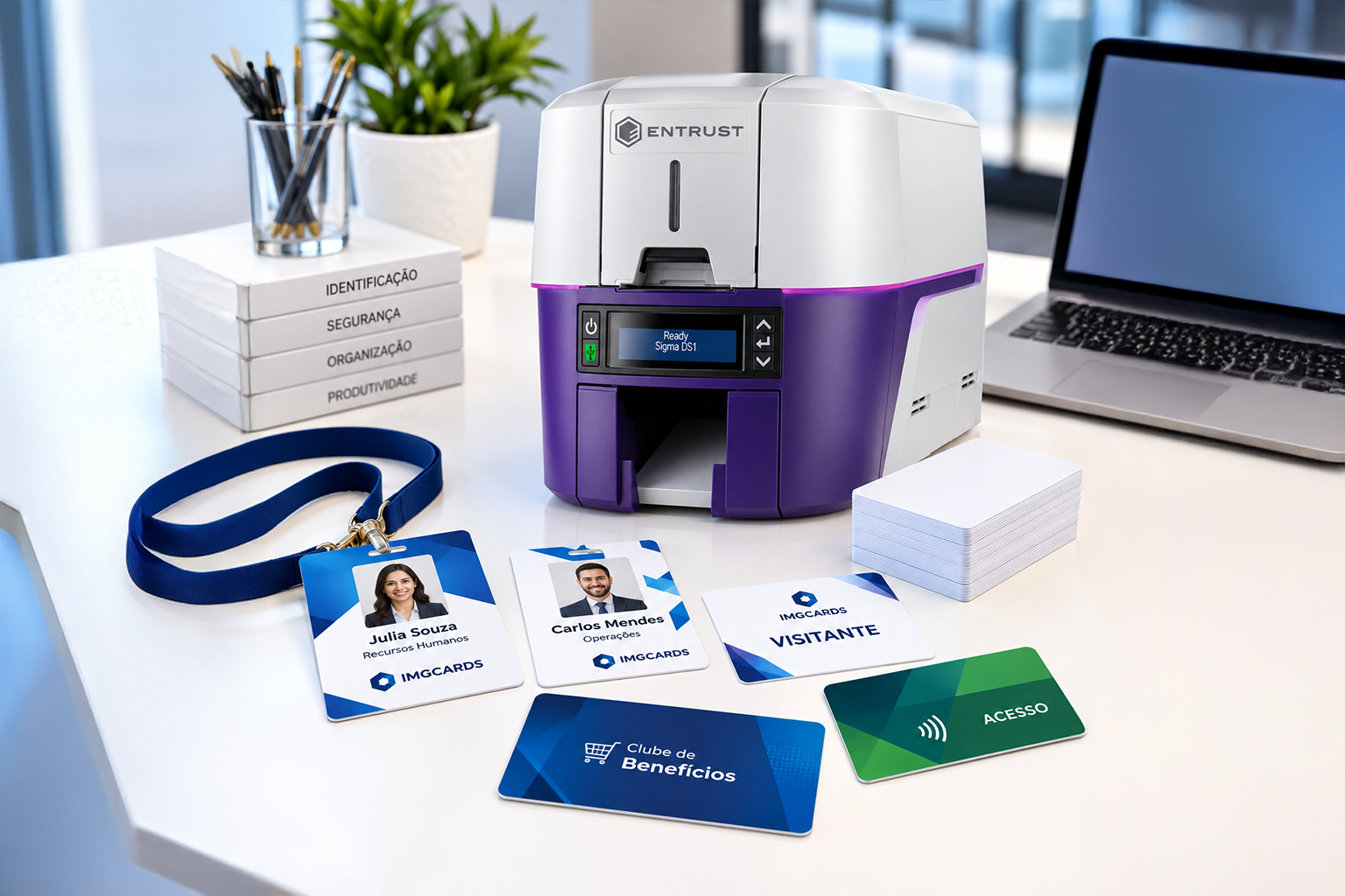 Impressora Sigma DS1 Simplex com crachás e cartões PVC personalizados