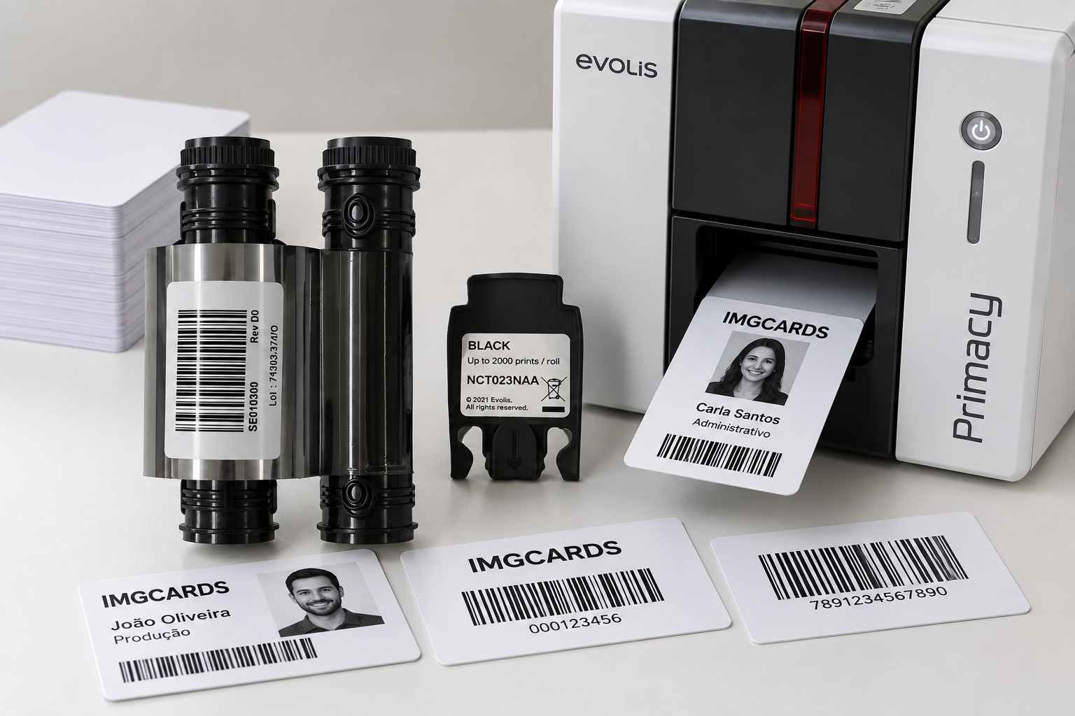 Ribbon Evolis RCT023NAA preto monocromático aplicado na impressão de crachás e cartões PVC em impressoras Evolis Primacy e Zenius